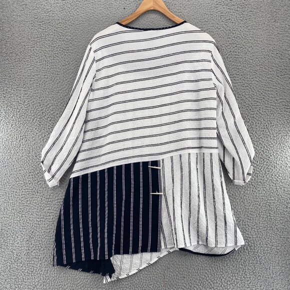 Ali Miles Top Womens Small White Striped Tunic Roll Tab Sleeve Pockets Stretch - Picture 3 of 11